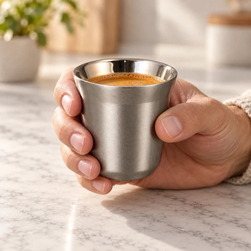 Xícara de café inox cinza Lumi Homi com café, segurada por uma mão