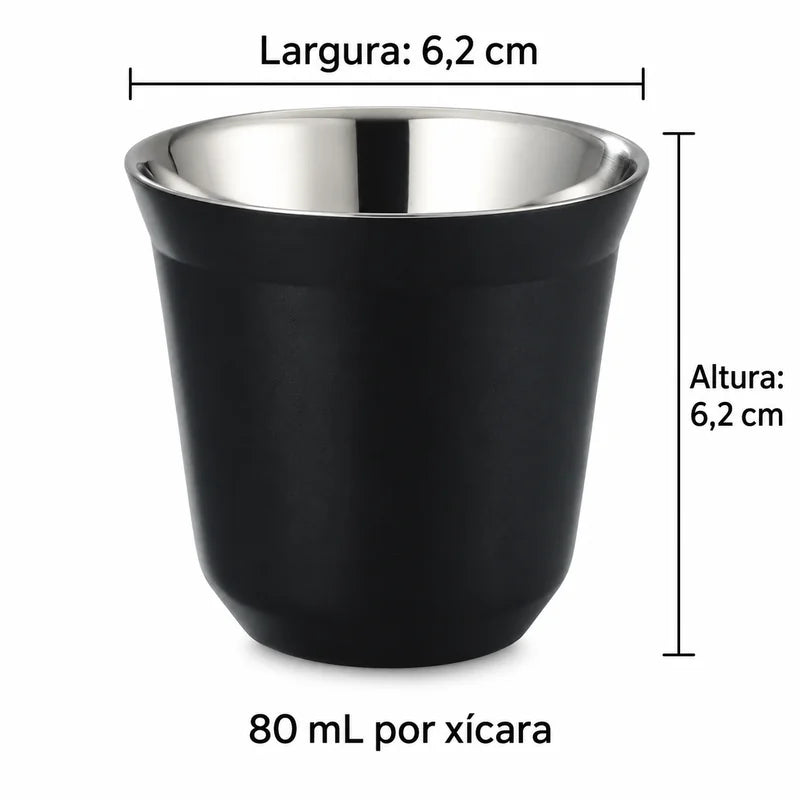 Medidas da xícara de café inox preto Lumi Homi: altura 6,2 cm, largura externa 6,2 cm e capacidade 80 mL