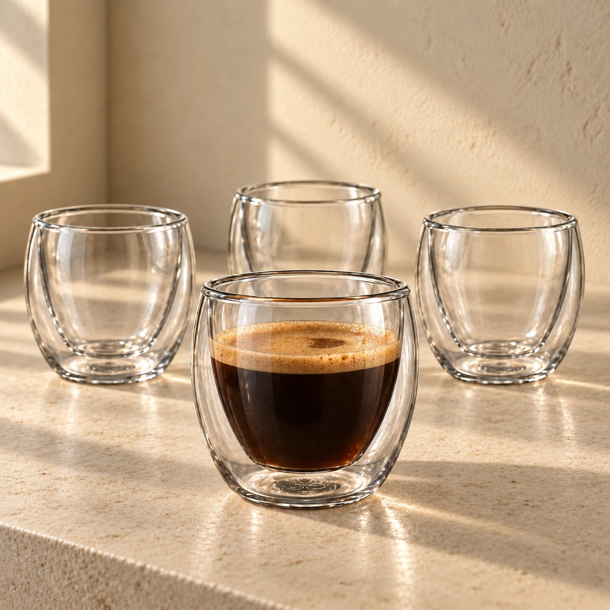 Jogo com quatro xícaras de café de vidro parede dupla 80 mL no fundo Lumi Homi