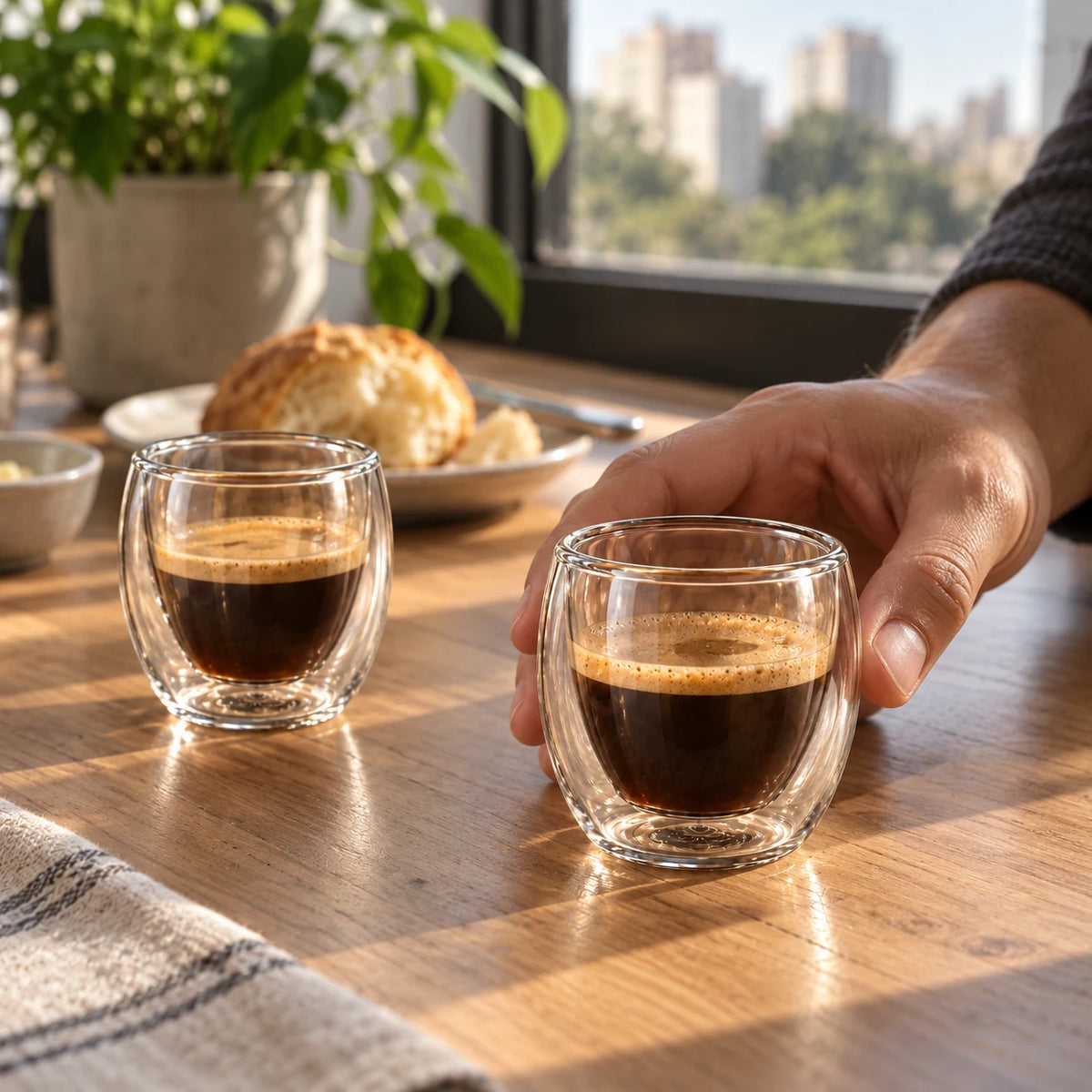 Duas xícaras de vidro parede dupla com espresso em mesa de café da manhã