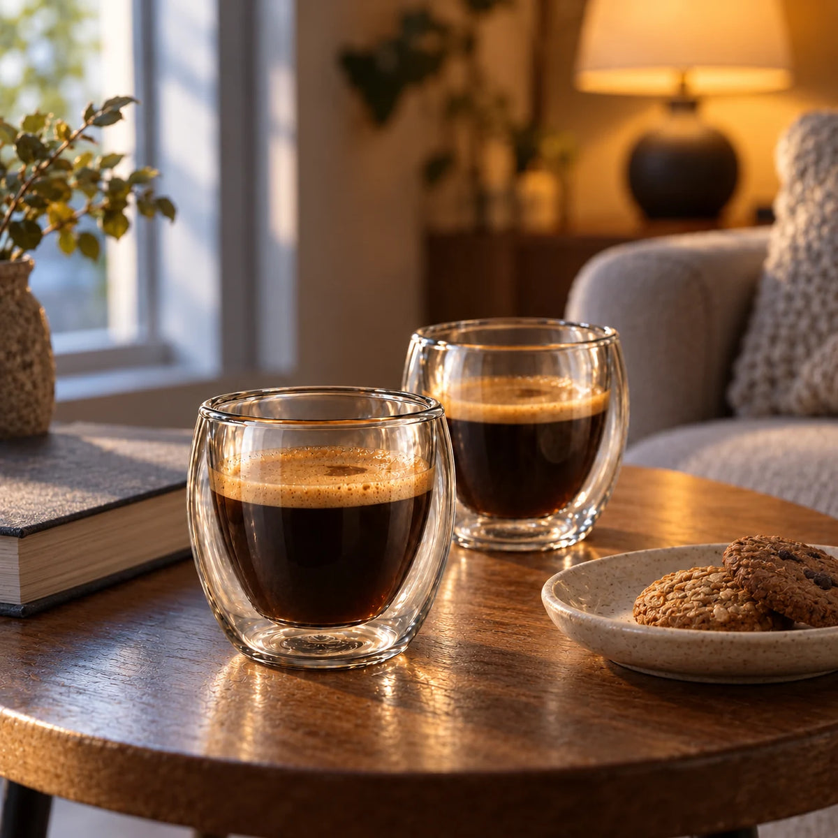 Duas xícaras de café parede dupla em mesa de sala no fim da tarde