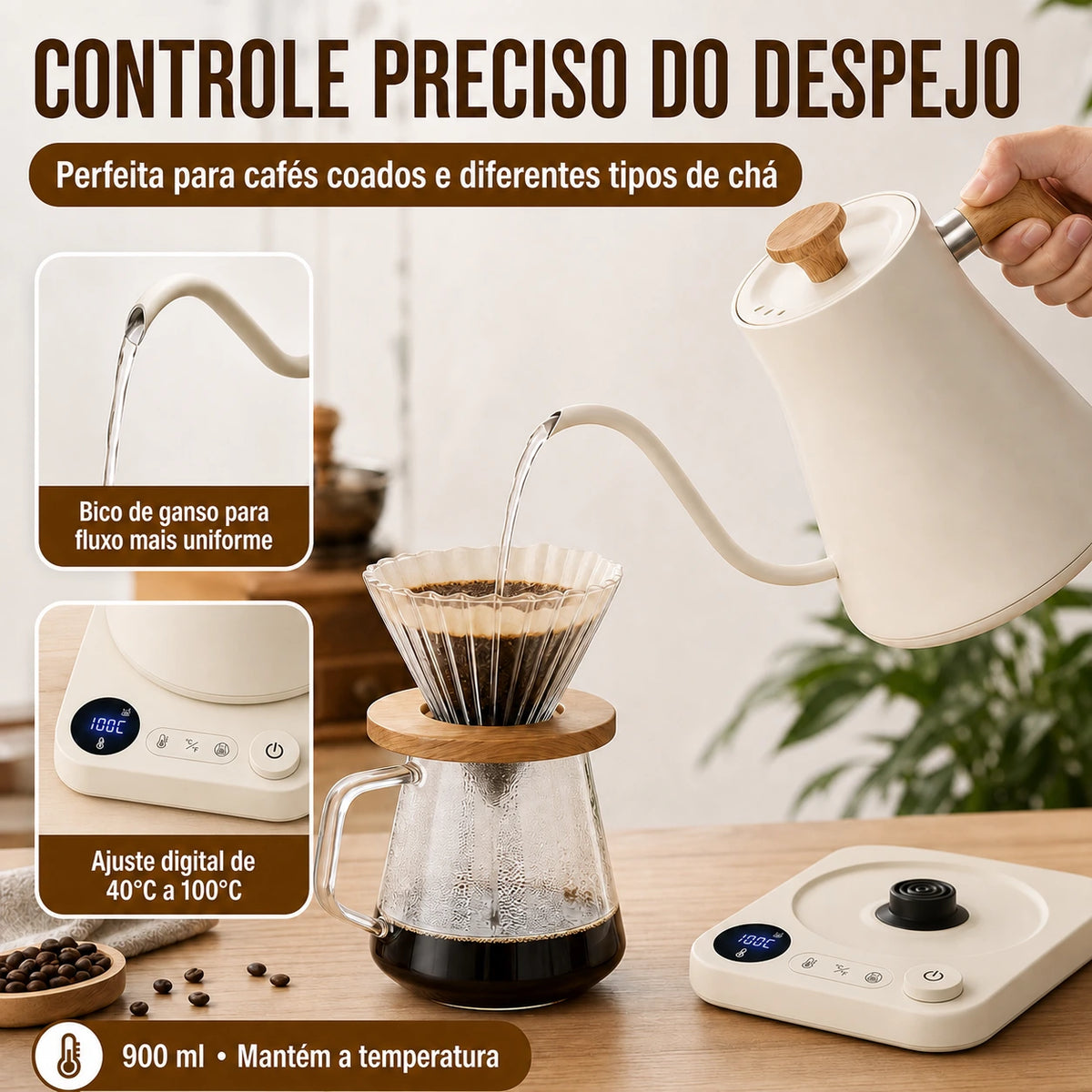 Controle preciso da Chaleira Elétrica 220V Branca de Luxo Milano