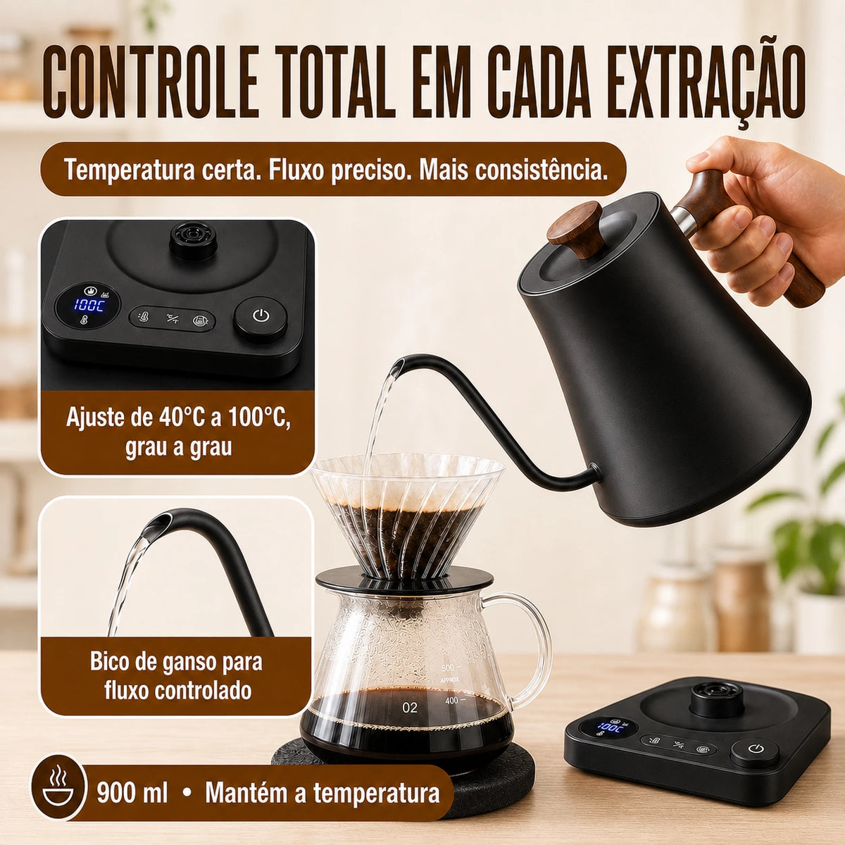 Controle total da Chaleira Elétrica 220V Preta Exclusiva Milano