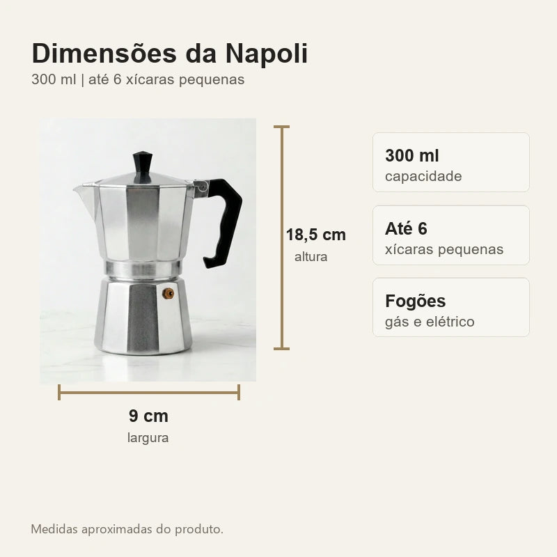 Dimensões da cafeteira italiana Napoli 18,5 cm por 9 cm e capacidade 300 ml