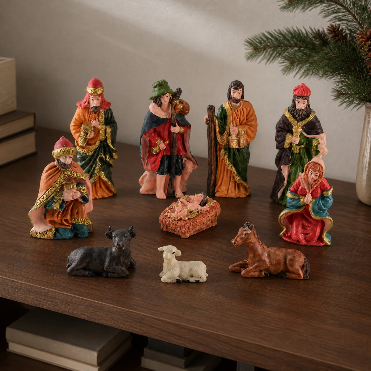 Conjunto de Presépio de Natal em Resina sobre estante de madeira