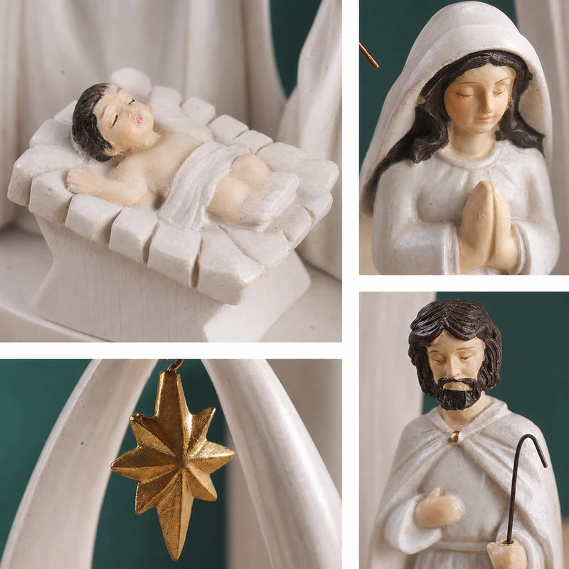 Detalhes da Sagrada Família branca e estrela dourada do presépio em resina
