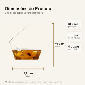 Dimensoes do Copo de Whisky Cristal Toronto com 300 ml por copo