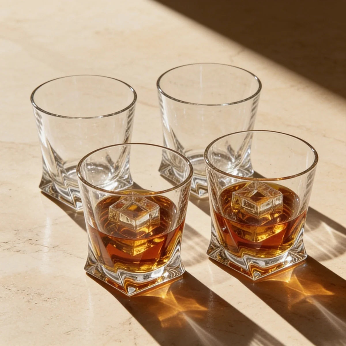 Kit com 4 copos de whisky Twist Lumi Homi em cena premium